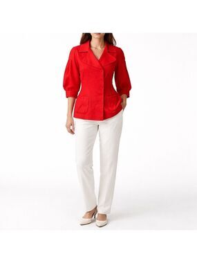 DALIA COLLECTION 100% Linen 1/2 Sleeve Red Snap Front Blazer Fully Lined Sz 10